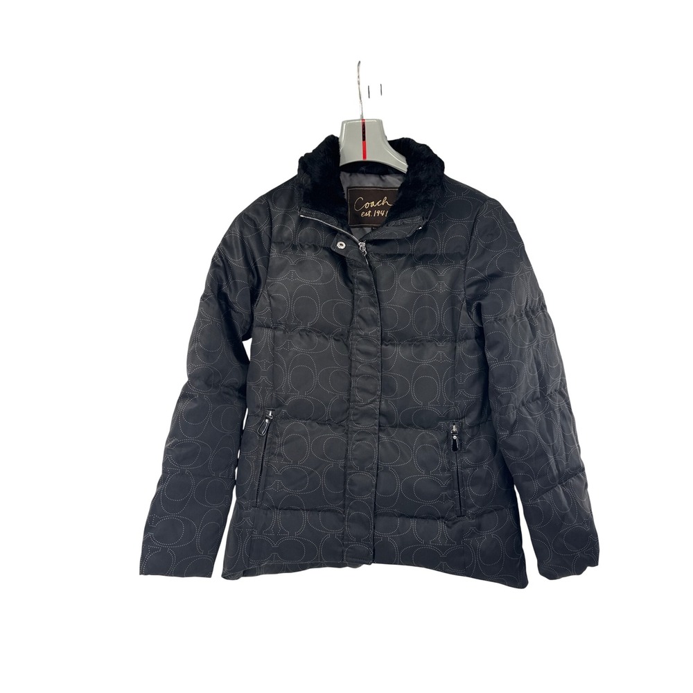 Coach Puffer Jacket Womens S/P Black Signature C Dotted Down Faux Fur Trim Coat